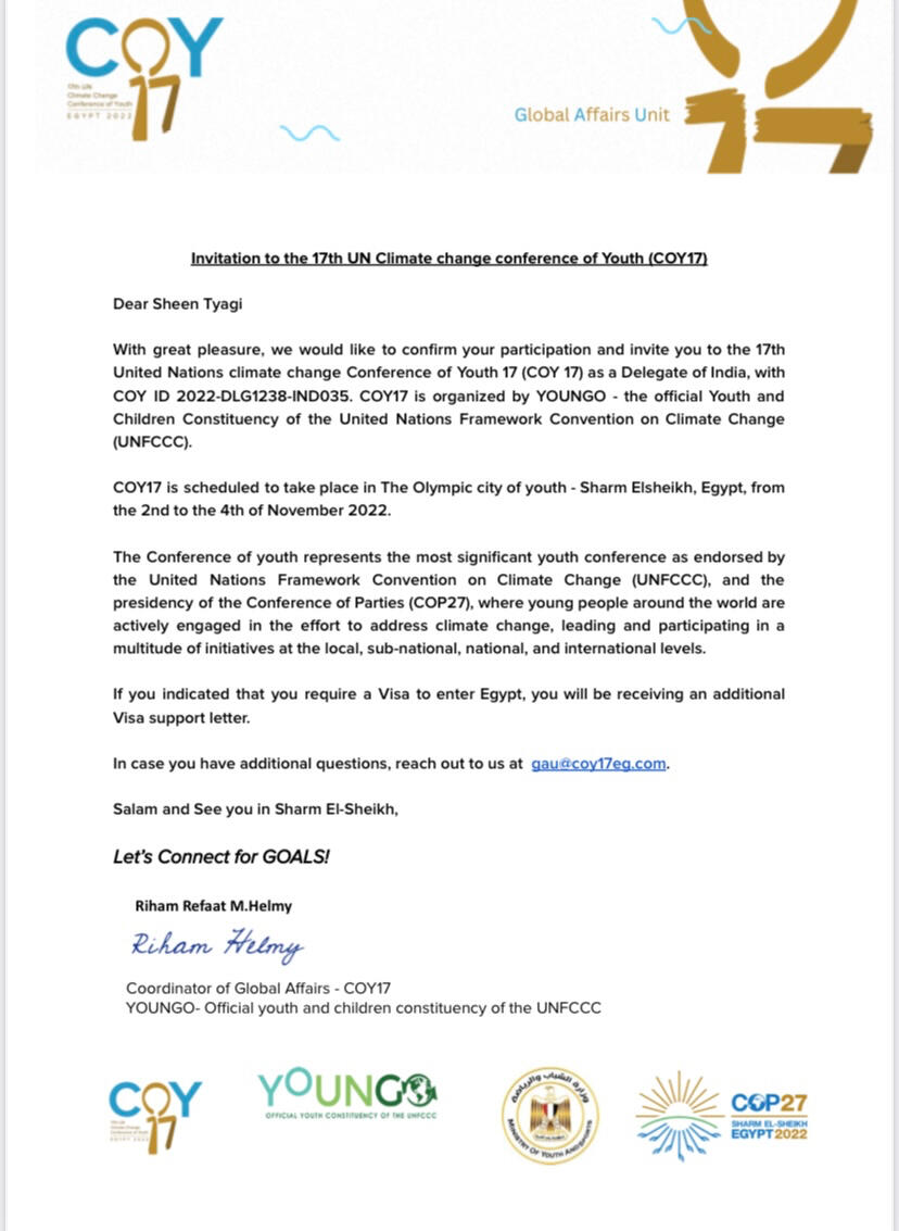 Selected to represent India as Delegate of India at Conference of the Youth (COY17)