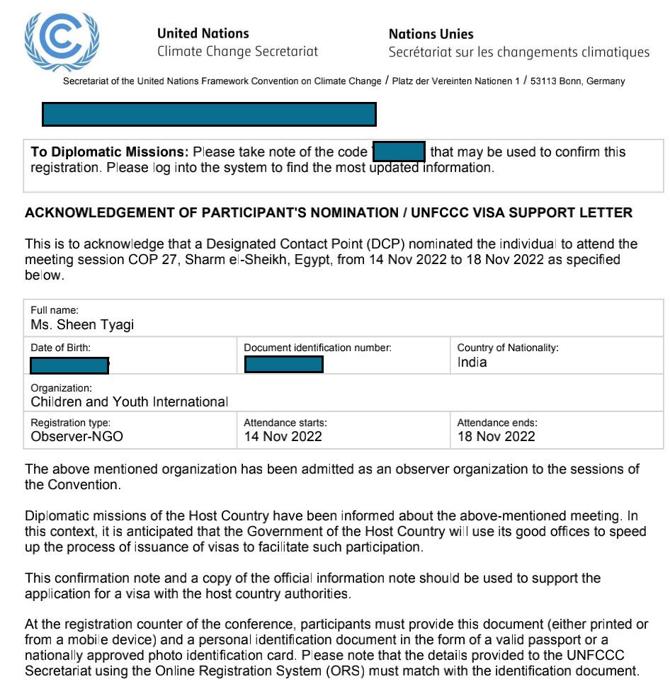 Selected to represent children and youth as Delegate of Children and Youth, UNMGCY at Conference of the Parties (COP27)