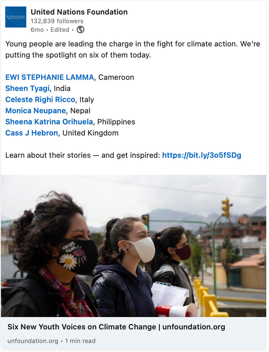 Featured and recognised as an up-and-coming youth climate leader by United Nations Foundation in 2022!